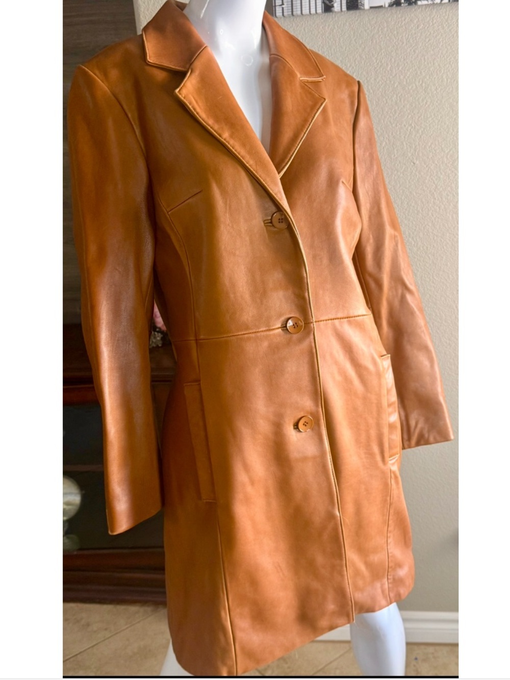 Vintage Caramel Leather Long Jacket L